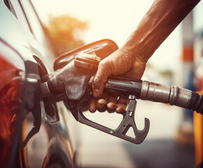 Man holding green fuel nozzle while refueling red car at gas station