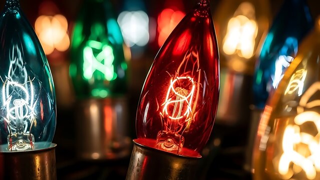 Close-up photo of vintage C7 Christmas light bulbs glowing in vibrant red, green, and blue, showing detailed filaments and warm bokeh.