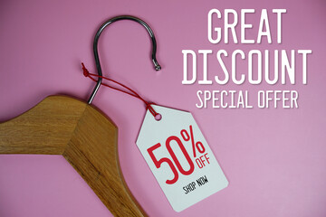 Great Discount Sale 50% off price tag label with Clothes hanger Clothing Promotion shopping concept
