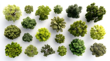 Obraz premium Aerial View of Various Green Plants and Flowers, Isolated on White Background.