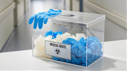 Medical waste bin with blue gloves in clear box for disposal