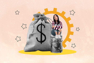 Sketch banner 3d pop photo collage of happy businesswoman sit dollar coin roll income bonus capital development chance success