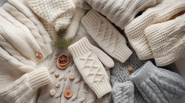 Cozy winter knitwear arranged as a flat lay, featuring sweaters and fingerless gloves with decorative natural elements.