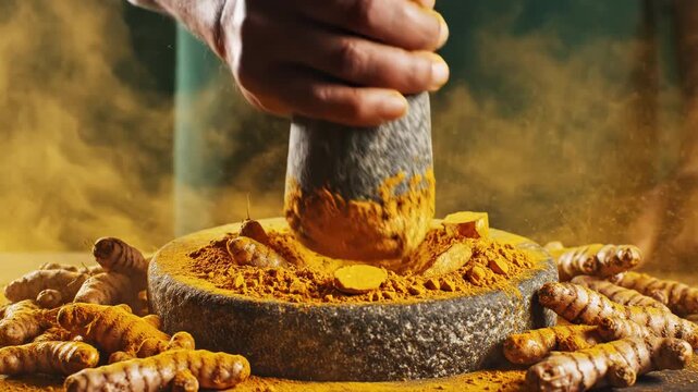 Hand grinding turmeric root into vibrant yellow spice powder