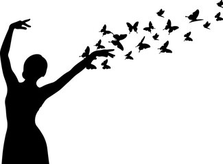 Freedom Silhouette Woman with Flying Birds &ndash; Artistic Concept Vector