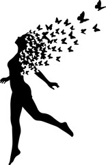 Freedom Silhouette Woman with Flying Birds &ndash; Artistic Concept Vector