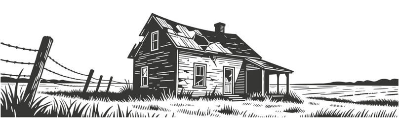 Abandoned dilapidated wooden farmhouse with broken roof and barbed wire fence in overgrown rural meadow illustration.