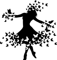 Freedom Silhouette Woman with Flying Birds &ndash; Artistic Concept Vector