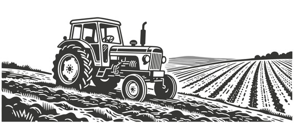 Vintage tractor in vast agricultural field in serene rural countryside landscape black and white illustration.