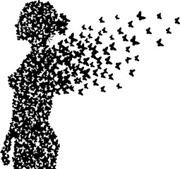 Freedom Silhouette Woman with Flying Birds &ndash; Artistic Concept Vector