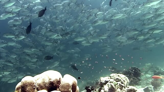 A mesmerizing dive off Sipadan Island presents a stunning view. A massive school of jackfish forms a swirling tornado around vibrant coral formations, creating a breathtaking underwater ballet.
