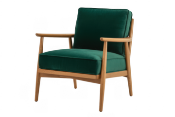 Green velvet armchair with wooden frame isolated on a transparent background
