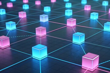 Vibrant network visualization with glowing blue and pink cubes connected by neon lines on a futuristic grid background