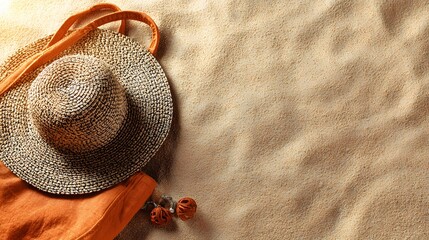 Naklejka premium Beach essentials - Straw hat and orange tote bag resting on sandy surface, summer vibes.