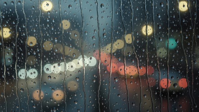 Nighttime city lights shimmer through a rainy window - Powered by Adobe