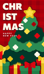 Vertical flat Christmas poster with Xmas tree and gift boxes on red plaid background. Layered green pine tree, presents, bold white typography. Festive holiday greeting card for Happy New Year 2026