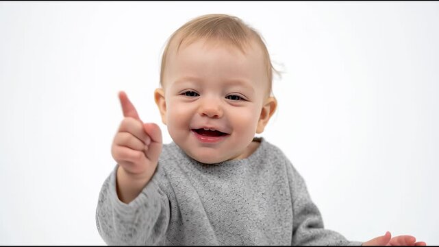 Charming, joyful baby boy seated and giggling, playfully pointing at the camera. Lovely close up photo capturing the cheer and laughter of an infant, set against a white backdrop