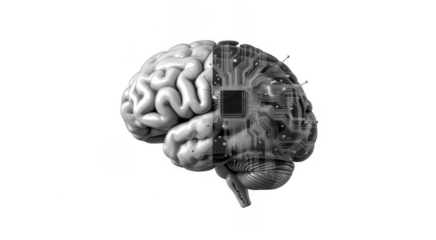 Human brain with circuit board and microchip brain-computer interface neuroscience isolated on a transparent background