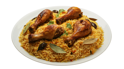 A plate of flavorful basmati rice with chicken biryani and bay leaves on a white background