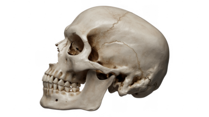 Human skull with teeth and jawbone isolated on a transparent background