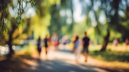 Obraz premium Blurred view of people walking in a park on a sunny day, enjoying the outdoors.