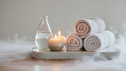 Relaxing spa setup with soft towels and soothing candles