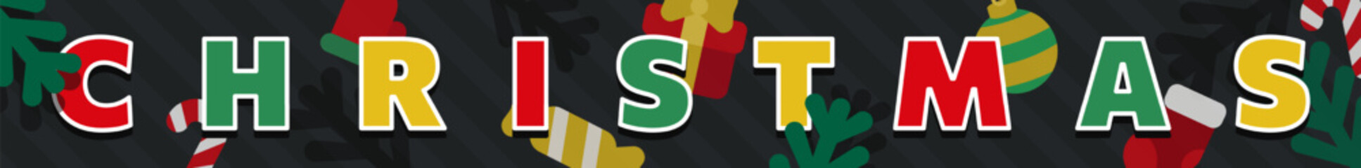 Panoramic flat Christmas banner with bold typography letters, candy canes, gifts, pine branches and Xmas ornaments on dark background. Layered paper cut New Year holiday header for festive layouts. © Qeeraw