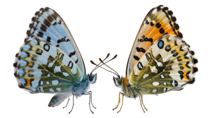 Two colorful butterflies with spotted wings facing each other on white background, detailed macro shot of insects with vibrant blue and orange wings