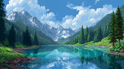 Tranquil mountain lake in pixel art: serene nature landscape for relaxation