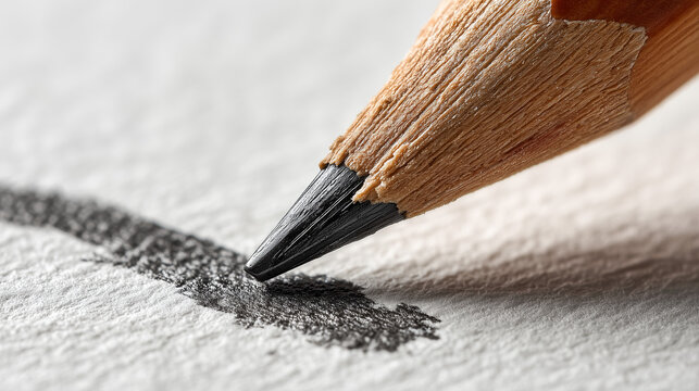 Extreme macro shot of a graphite pencil lead drawing a thick line on textured white paper, highlighting the detail of the wood and carbon