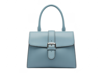 Light blue leather handbag with silver buckle and handle isolated on a transparent background