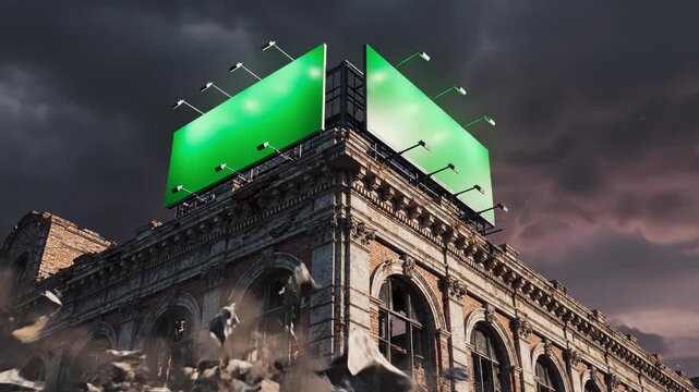 A large green billboard on top of an old building during a stormy weather