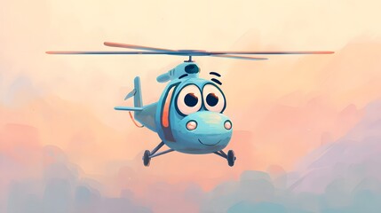 Cartoon Helicopter Flying in the Sky with a Smiling Face and Big Eyes.