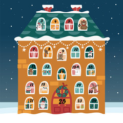 Advent calendar. A Christmas-themed house with tiny windows for presents. Christmas presents with various decorations: Santa, snowman, fir tree, toys and animals.