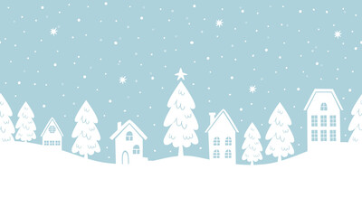 Winter seamless border with Christmas village. White houses, fir trees on light blue background. Vector illustration