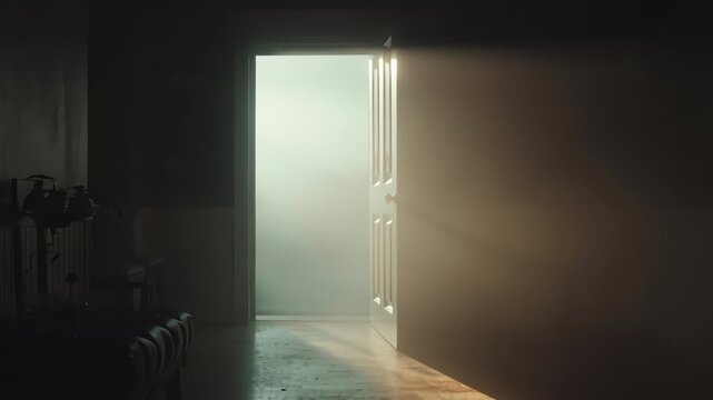 Mysterious light streaming through a partially open door into a dark room, creating a dramatic atmosphere.