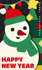 Vertical flat New Year greeting card with cartoon snowman in Santa's hat, scarf against Xmas tree and holiday decorations. Bold layered paper cut poster, web banner for Christmas and New Year layouts