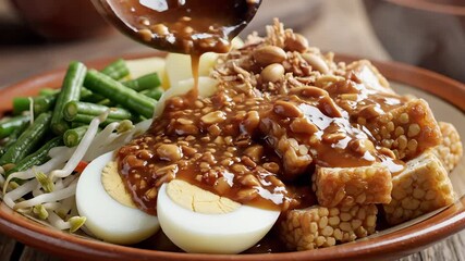 Delicious and authentic Indonesian GadoGado a vibrant and healthy mixed vegetable salad being generously topped with rich savory peanut sauce showcasing traditional culinary preparation and fresh ing.