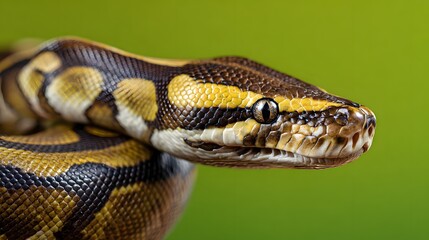 Fototapeta premium Close-up of a beautiful ball python with intricate patterns and vibrant colors against a green background.