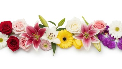 Beautiful and vibrant assortment of various colorful fresh flowers arranged in a horizontal line