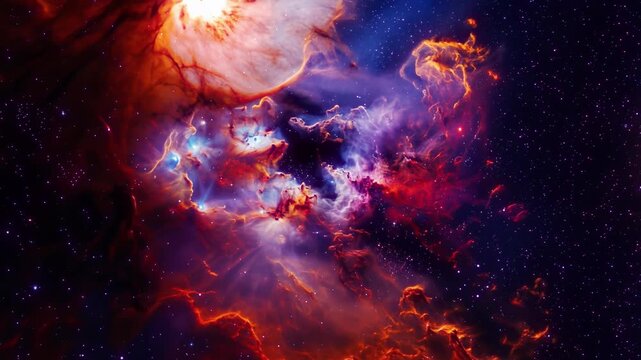 Dynamic flight through a vivid multicolored nebula with swirling gas clouds and bright stars passing by