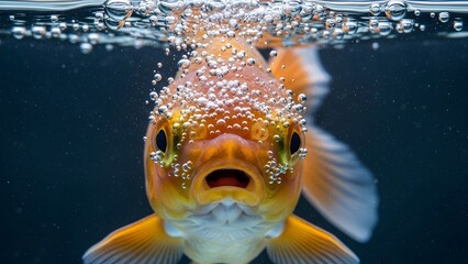 Goldfish Swimming Near Water Surface Closeup.