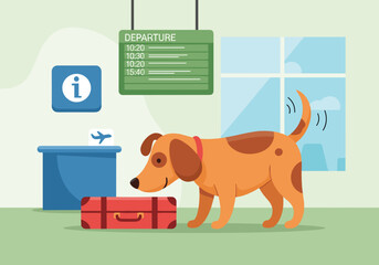 Dog sniffing suitcase at airport terminal waiting for departure