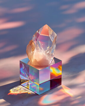 Modern holographic spiritual background with clear quartz and iridescent glass reflections. Pastel rainbow light for astrology and trendy manifestation concepts.