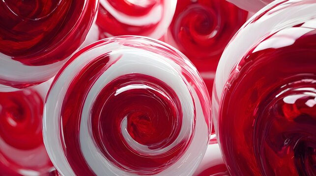 Close-up of a group of vibrant red and white swirled lollipops, delicious and sweet.