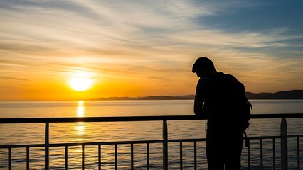 Contemplative Traveler at Sunset Sea