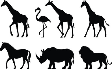 African safari animal silhouettes, giraffe lion rhino zebra flamingo vector illustration set.