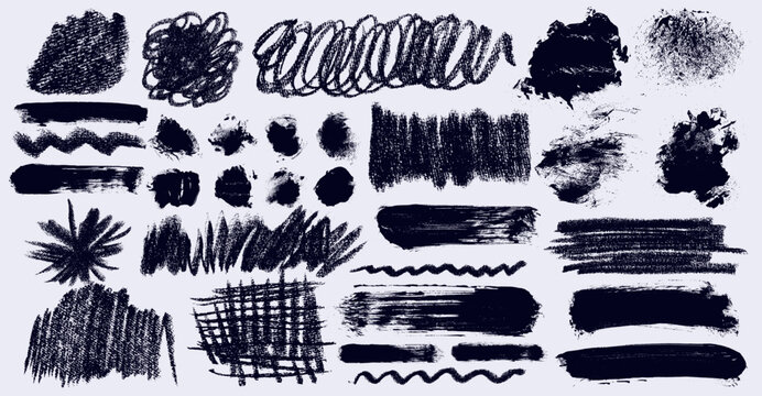 Crayon, charcoal strikethrough lines, wave brush strokes set. Hand drawn doodle underlines, marker, crayon stripes, curly lines, pencil dividers for notes, highlights, artistic sketch design elements.