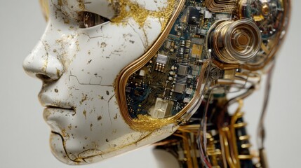 Futuristic android head with exposed circuitry and gold