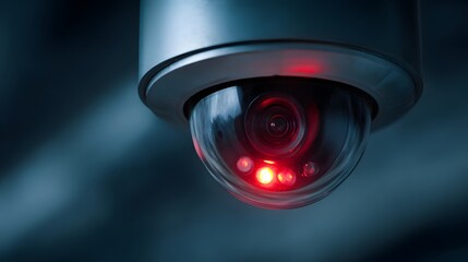 Close-up of a surveillance camera with a red light, security system.